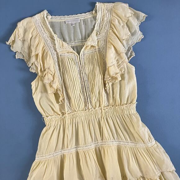 LoveShackFancy Darryl Lace Trim Pale Yellow Flutter Sleeve Ruffle Mini Dress - Picture 6 of 8